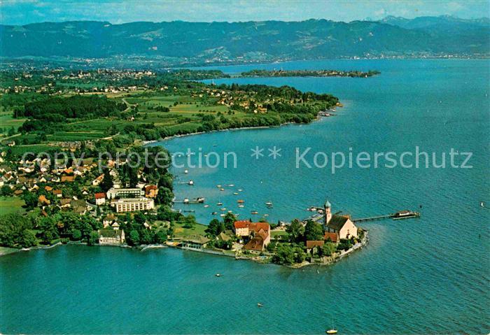 Wasserburg Bodensee mit Blick auf Lindau und Bregenz Alpen Fliegeraufnahme