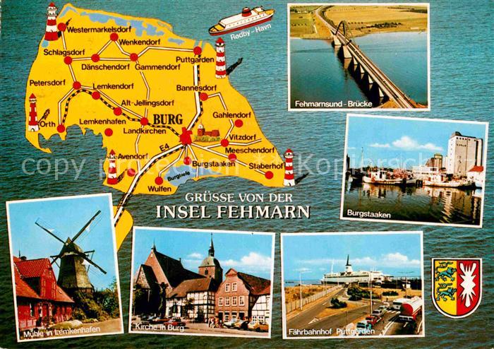 Insel Fehmarn Landkarte Fehmarnsundbruecke Burgstaaken Hafen Faehrbahnhof Kirche