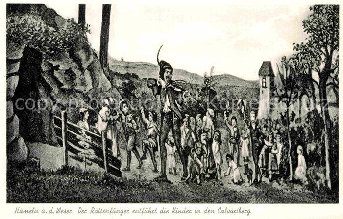 Hameln Weser Rattenfaenger entfuehrt die Kinder in den Calvariberg Sage Kuenstle