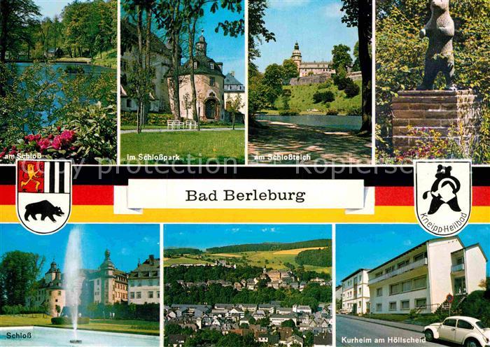 Bad Berleburg Schlossteich Park Schloss Baerenstatue Fontaene Kurheim Wappen Kne
