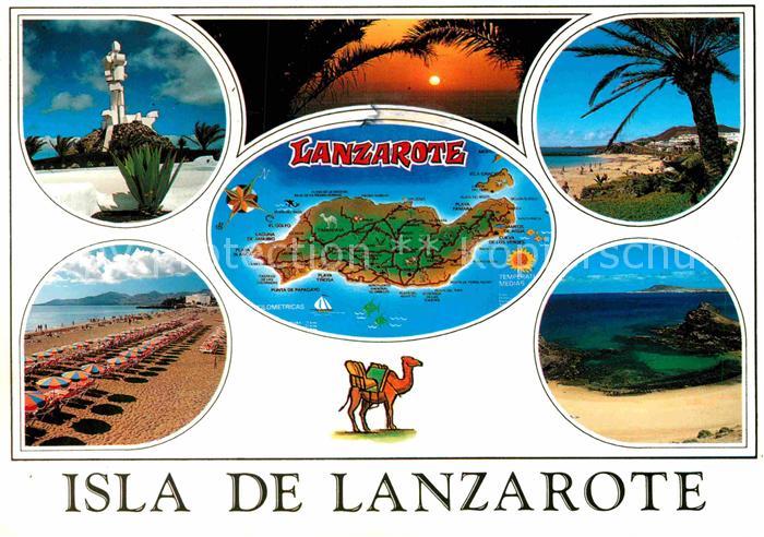 Lanzarote Kanarische Inseln Denkmal Strand Palmen Sonnenuntergang am Meer Insel