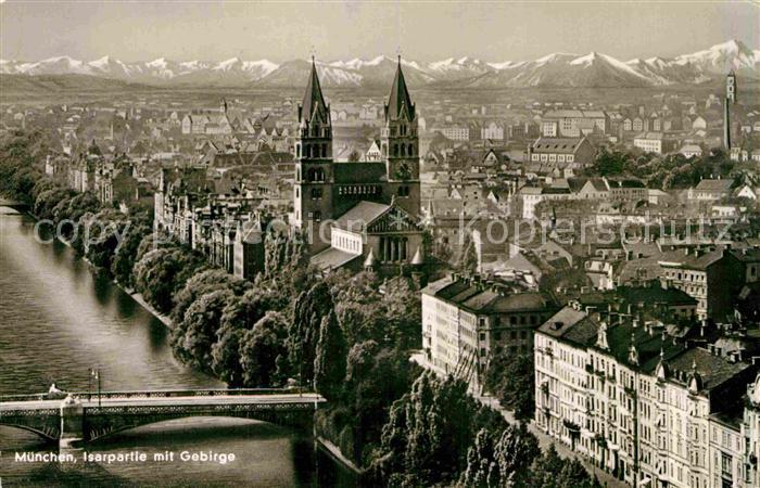 Muenchen Bayern Isarpartie mit Gebirge Stempel Muenchner Festspiele