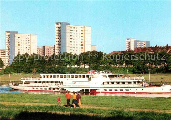 DRESDEN Elbe Kaethe Kollwitz Ufer Elbedampfer Hochhaeuser