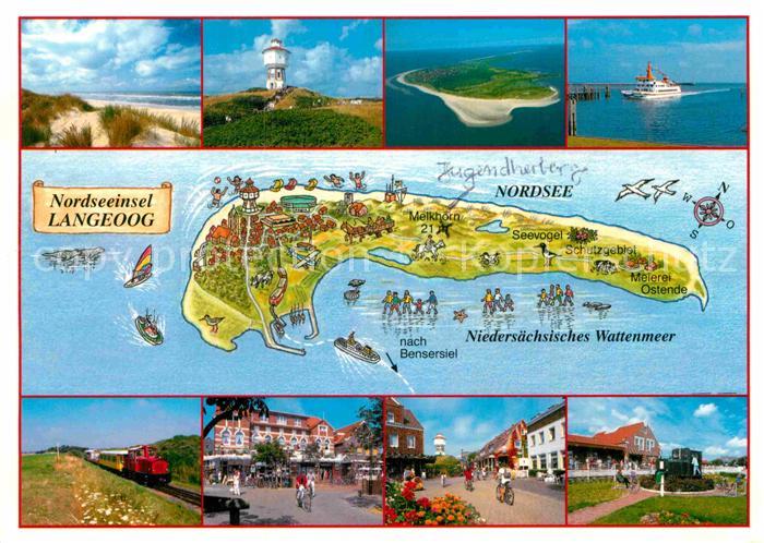 Langeoog Nordseebad Strand Wasserturm Faehre Inselbahn Ortsmotive Landkarte Nord