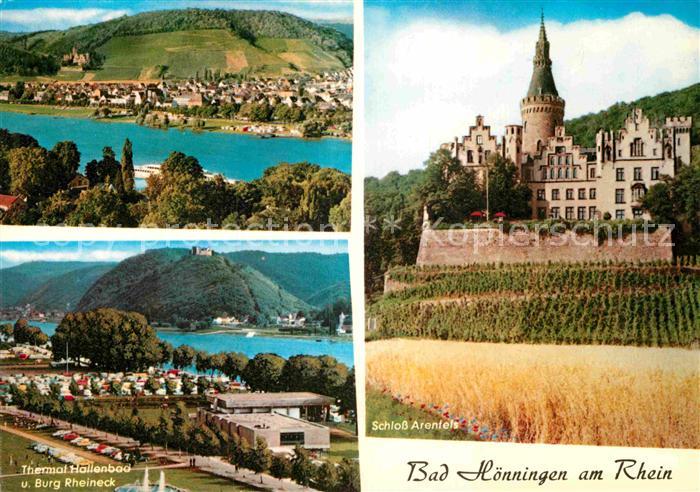 Bad Hoenningen Panorama Blick ueber den Rhein Schloss Arenfels Thermalhallenbad
