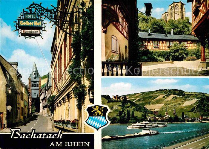 Bacharach Rhein Ortsmotive Hotel Gelber Hof Binnenschiffahrt Dampfer Kahn