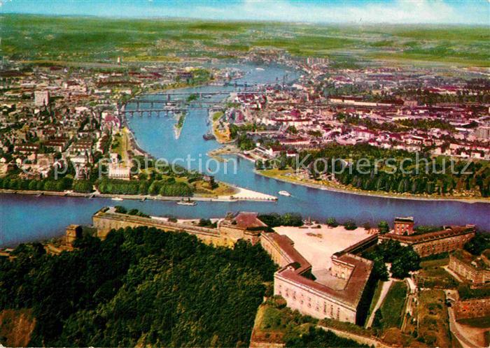 Koblenz Rhein Festung Ehrenbreitstein und Deutsches Eck Fliegeraufnahme