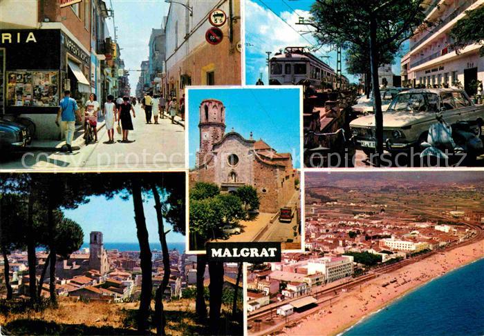 Malgrat de Mar Fliegeraufnahme mit Strand Strassenbahn Kirche