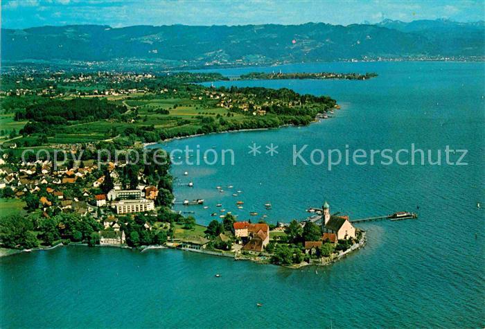 Wasserburg Bodensee mit Blick auf Lindau und Bregenz Alpen Fliegeraufnahme