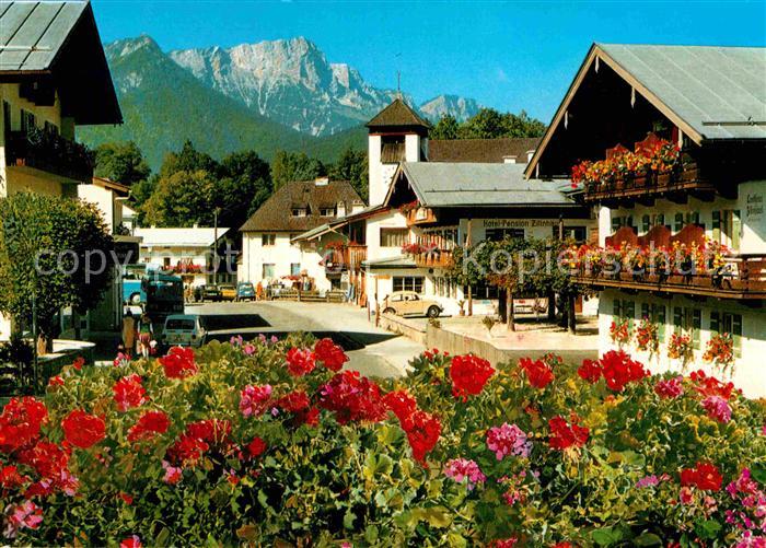 Unterstein Schoenau Ortsmotiv mit Kirche Blumen Blick zum Untersberg Berchtesgad