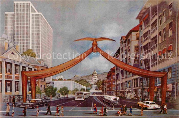 Salt Lake City Eagle Gate and Utah State Capitol Illustration