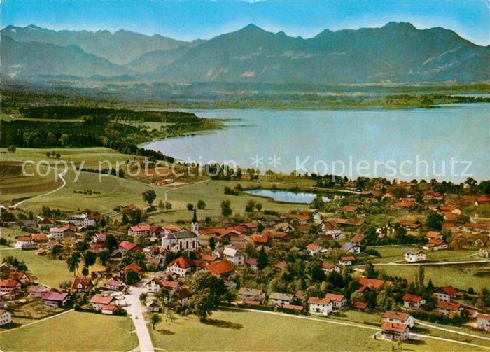 Chieming Chiemsee Fliegeraufnahme mit Wildem Kaiser und Kampenwand
