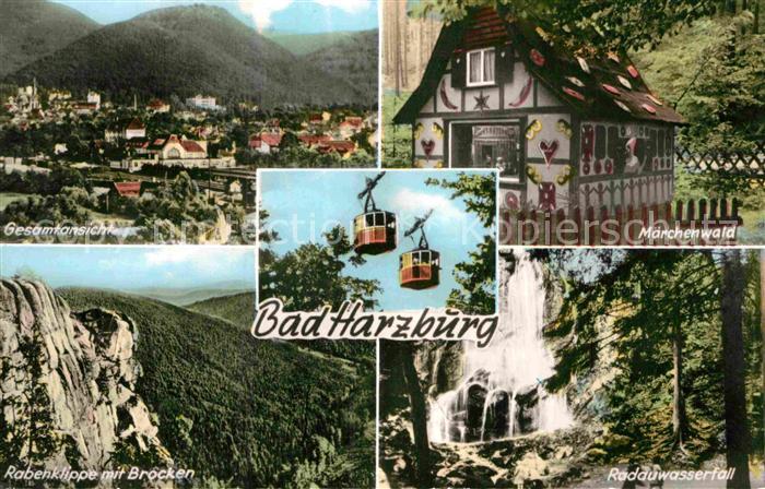 Bad Harzburg Gesamtansicht Maerchenwald Rabenklippe mit Brocken Radauwasserfall