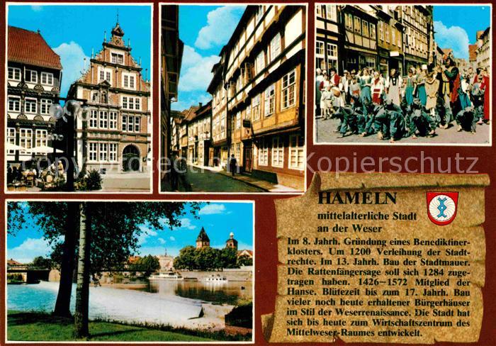 Hameln Weser Altstadt Fachwerkhaus Partie am Fluss Wehr Rattenfaenger Sage Gesch
