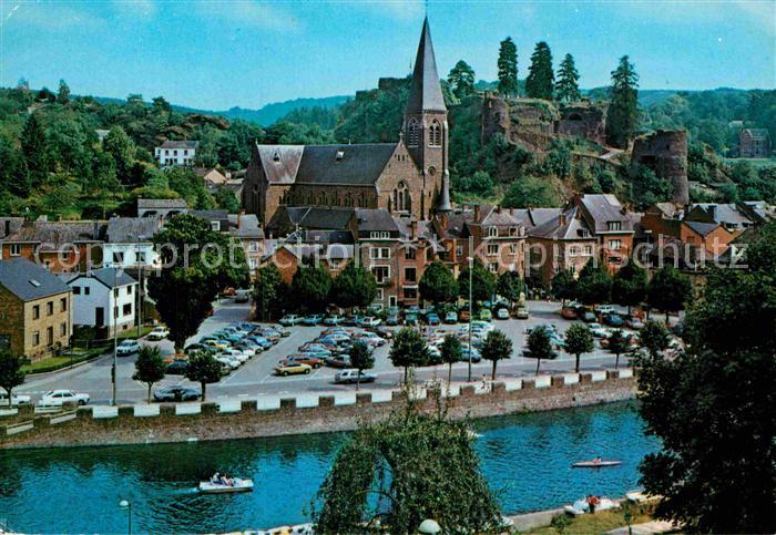 La Roche-en-Ardenne Blick ueber die Ourthe zur Kirche Burgruine