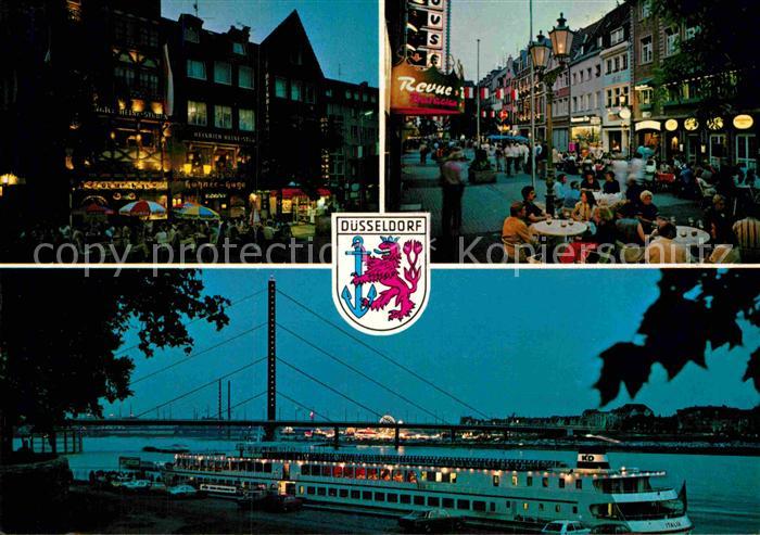 Duesseldorf Innenstadt Fussgaengerzone Strassencafes Rhein Dampfer Nachtaufnahme
