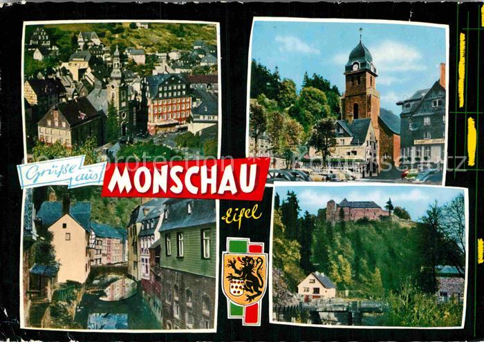 Monschau Montjoie NRW Ortsmotiv mit Rotem Haus Rur Burg Jugendherberge Kirche