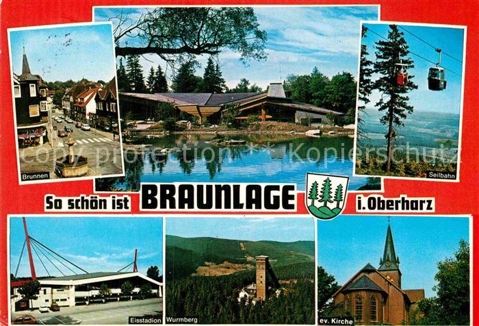 Braunlage Ortsmotiv mit Brunnen Gaststaette am See Seilbahn Eisstadion Wurmberg