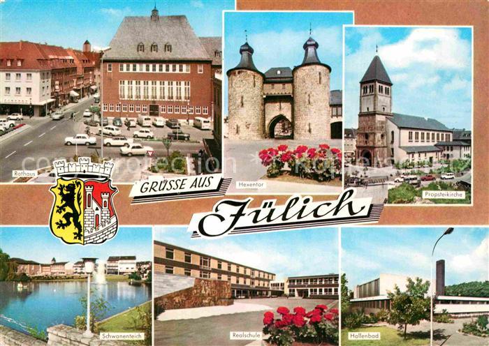 Juelich Rathaus Hexentor Propsteikirche Hallenbad Realschule Schwanenteich