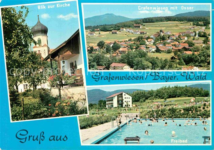 Grafenwiesen Blick zur Kirche Freibad Panorama mit Osser