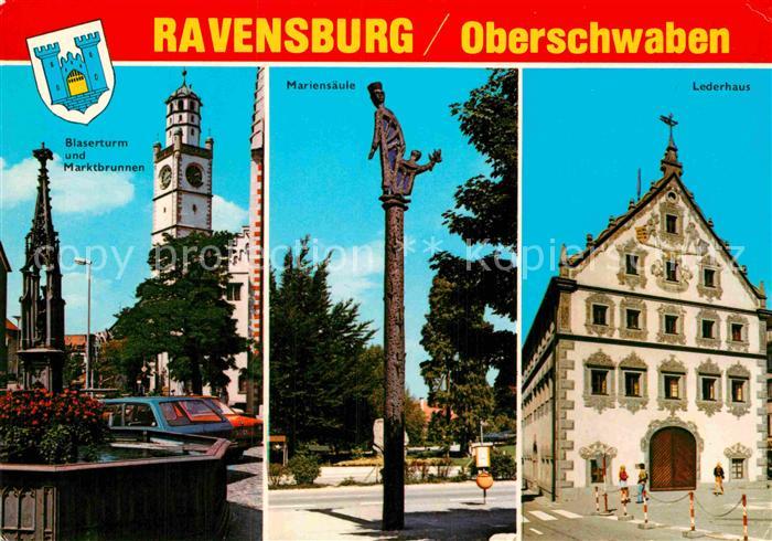 Ravensburg Wuerttemberg Blaeserturm Marktbrunnen Mariensaeule Lederhaus