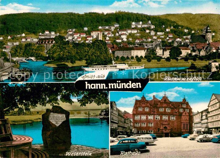 Hann. Muenden Zusammenfluss Fulda und Werra Weserstein Rathaus