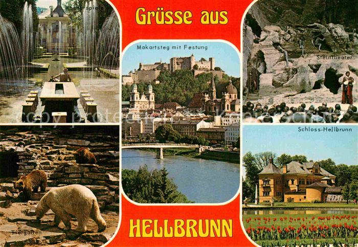 Hellbrunn Brunnen Schloss Hellbrunn Mokartsteg mit Festung Tiergarten Steintheat