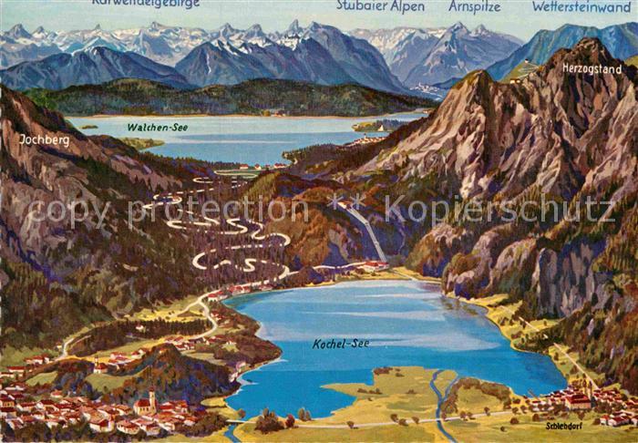 Kochel See Panoramakarte mit Walchensee