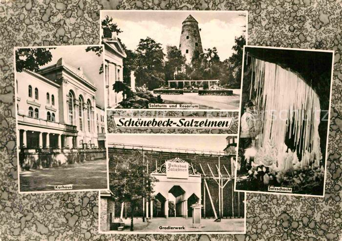 Schoenebeck Salzelmen Kurhaus Soleturm und Rosarium Gradierwerk Salzschacht