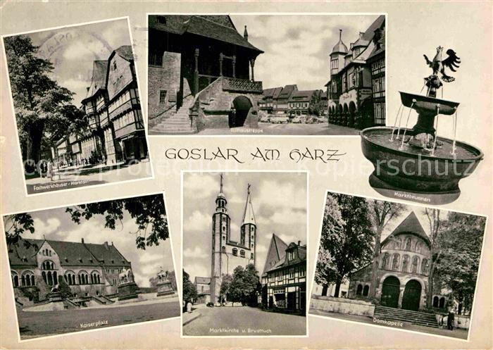 Goslar Fachwerkhaeuser Kaiserpfalz Rathaustreppe Brunnen Marktkirche und Brusttu