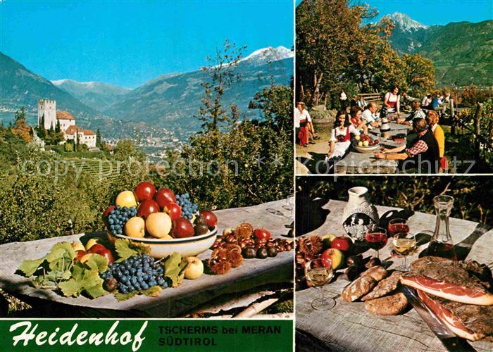 Tscherms Gasthaus Buschenschank Heidenhof Terrasse Schloss Tirol Alpenpanorama