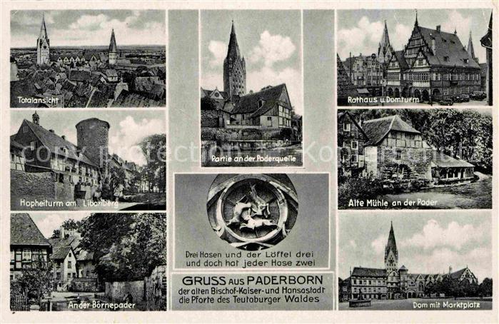 Paderborn Total Poderquelle Kirche Rathaus Domturm Hopheiturm Alte Muehle Boerne