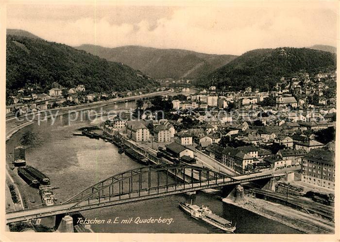 Tetschen-Bodenbach Boehmen Fliegeraufnahme Flusspartie mit Quaderberg