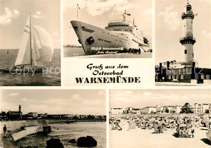 Warnemuende Ostseebad Leuchtturm Segelschiff Teilansicht Badestrand