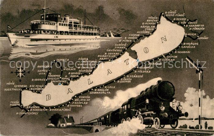 Balaton Plattensee Landkarte Dampfer Dampflokomotive Eisenbahn