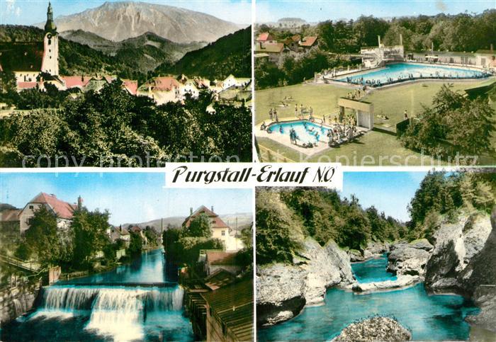 Purgstall Erlauf Ortsansicht mit Kirche Freibad Erlauf Wehr Flusslauf Felsen