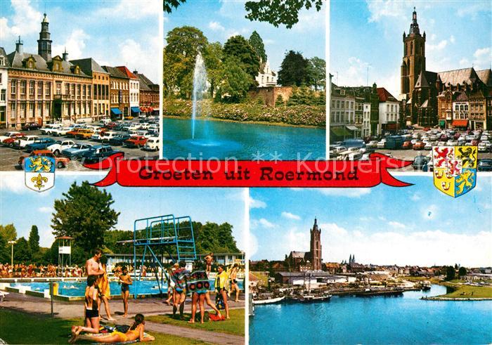 Roermond Stadtpanorama mit Kirche Fontaene Gebaeude Freibad