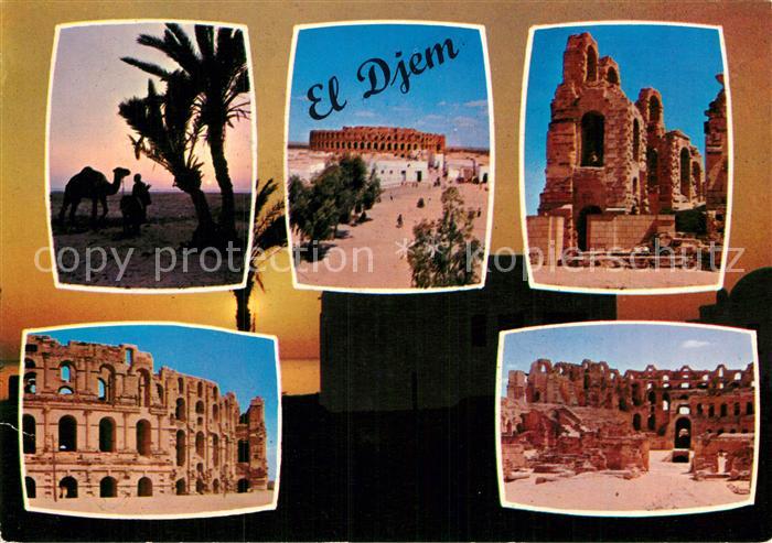El-Djem Teilansichten Ruinen Palmen Sonnenuntergang