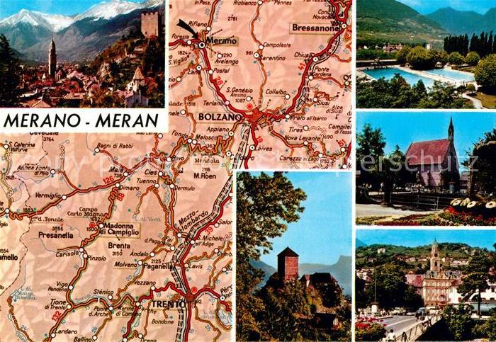 Meran Merano Carta Automobilistica Strassenkarte Teilansichten Kirche Schloss Ti