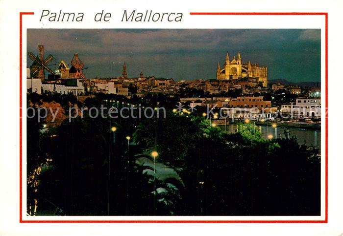Palma de Mallorca Catedral y los molinos del Jonquet vista nocturna