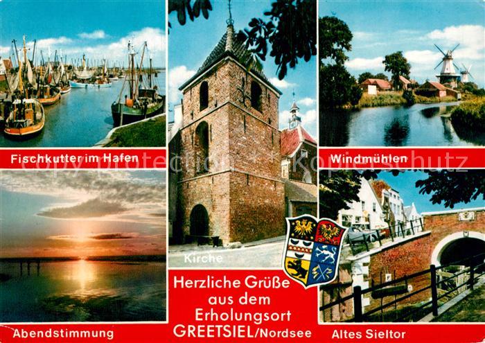 Greetsiel Kirche Windmuehlen Altes Sieltor Fischkutter Hafen