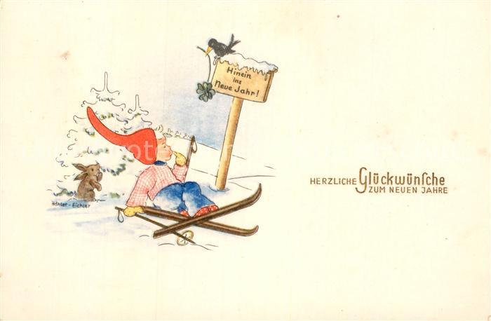 Neujahr Kind Ski Hase Rabe Kleeblatt Kuenstlerkarte Hoehler-Eichler