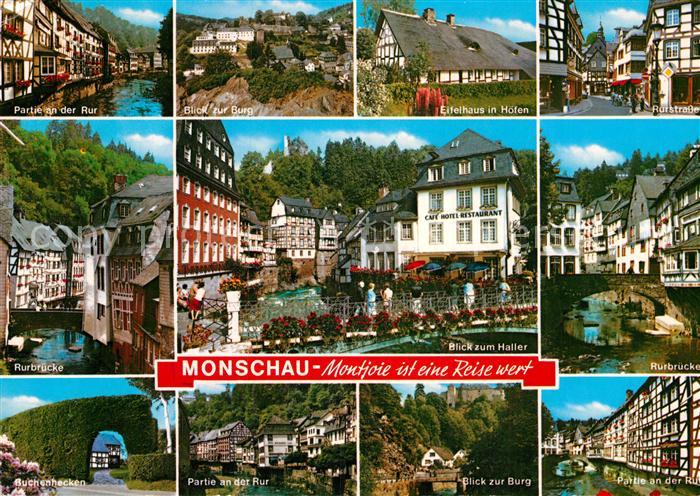 Monschau Rurpartie Burg Eifelhaus Rurstrasse Rurbruecke Burg Haller Rotes Haus B