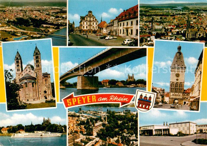 Speyer Rhein Fliegeraufnahme Rathaus Kirche Bruecke Fahrgastschiff Stadttor