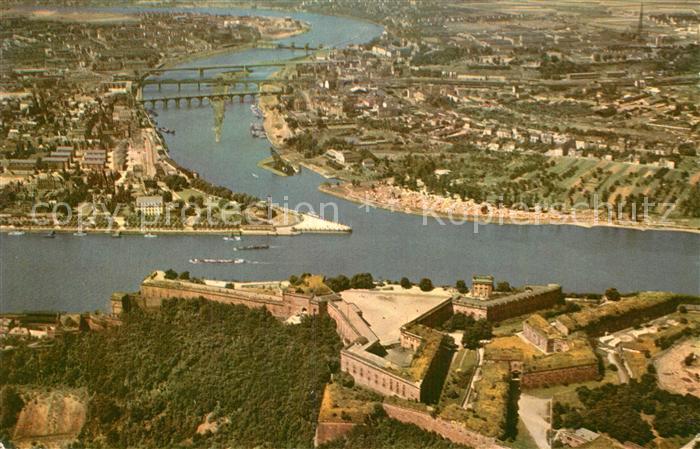 Koblenz Rhein Deutsches Eck und Festung Ehrenbreitstein Fliegeraufnahme