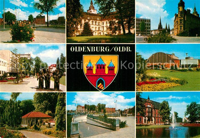 Oldenburg Niedersachsen Teilansichten Gebaeude Skulpturen Teich Wappen