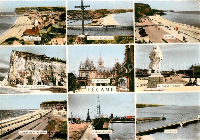 Fecamp Vue generale Plage Falaise et le Calvaire Esplanade les Jetees La Benedic