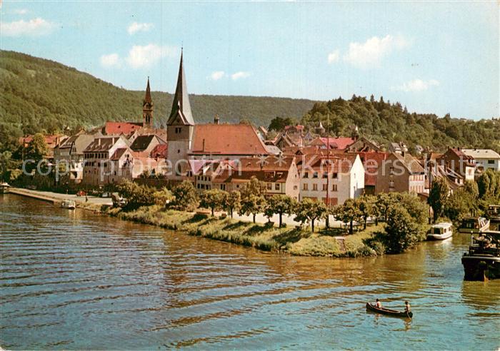 Neckargemuend Blick ueber den Neckar zur Kirche Dampfer