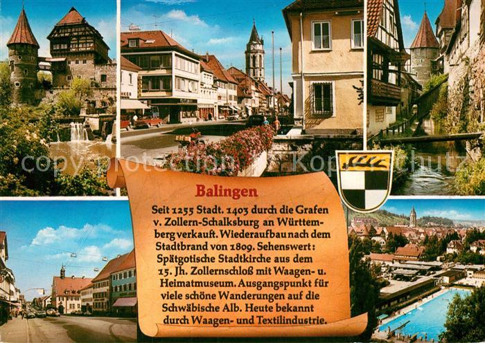Balingen Zollernschloss Strassenpartie Kirche Bach Turm Altstadt Freibad Geschic