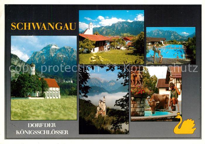 Schwangau Dorf der Koenigsschloesser Kirche Schloss Neuschwanstein Alpen Kuh am